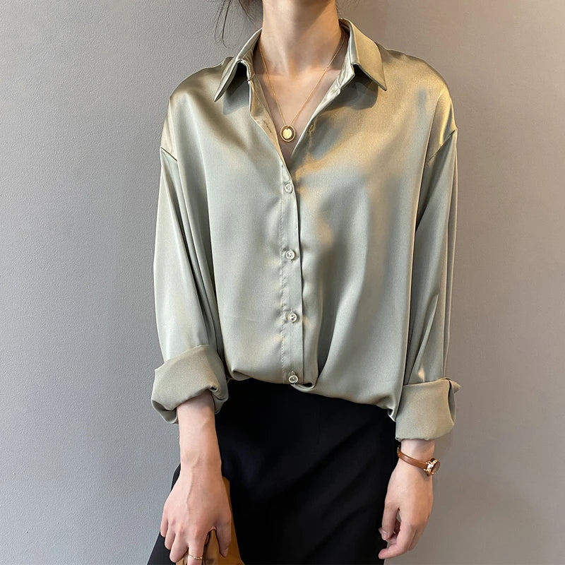 Vintage Casual Button Silk Tops